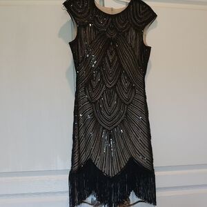 Black and Cream Sequin Embellished Mini Dress